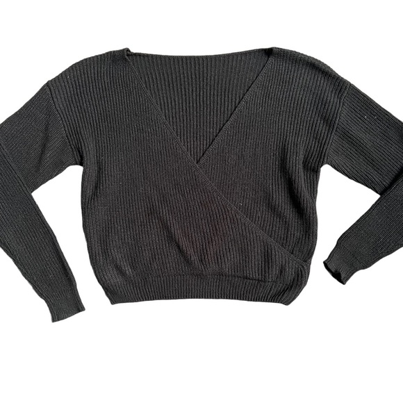 SHEIN BLACK V NECK RIBBED LONG SLEEVE WRAP SWEATER SIZE SMALL - Picture 1 of 7
